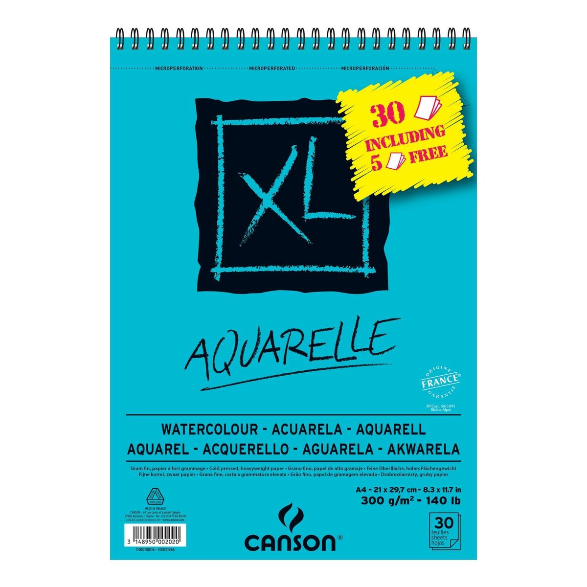 Bloc de dibujo Canson AQUARELLE XL 21 x 29,7 cm 5 Unidades 30 Hojas 300 g/m² 210 x 297 mm