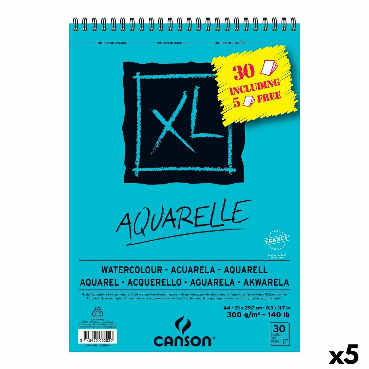 Bloc de dibujo Canson AQUARELLE XL 21 x 29,7 cm 5 Unidades 30 Hojas 300 g/m² 210 x 297 mm