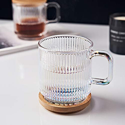 Yalucky Taza de Vidrio Transparente e Iridiscente con Tapa y Cuchara,Tazas de Té,Taza de Vidrio para Café,Bonita Taza para Leche,Café,Chocolate,Zumo y Agua para Mujeres y Hombres,Cumpleaños,Navidad