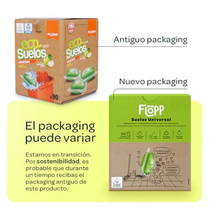 Flopp - Fregasuelos Universal Ecológico | 90 cápsulas | Etiqueta EU Ecolabel | Limpiador de Suelos Eco Limpiapisos Friegasuelos. Flopp: Limpia sin Ensuciar el Planeta.