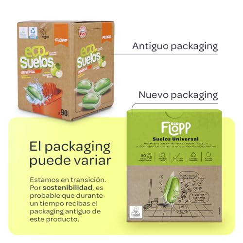 Flopp - Fregasuelos Universal Ecológico | 90 cápsulas | Etiqueta EU Ecolabel | Limpiador de Suelos Eco Limpiapisos Friegasuelos. Flopp: Limpia sin Ensuciar el Planeta.