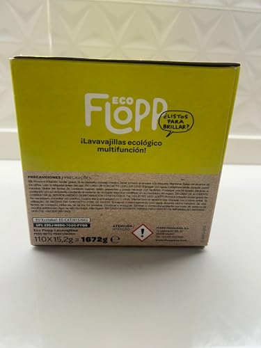 Flopp - Cápsulas Lavavajillas Ecológico | 110 Cápsulas con Envase Biodegradable | Etiqueta EU Ecolabel | Abrillantador con Protección del Cristal | Formula Vegana