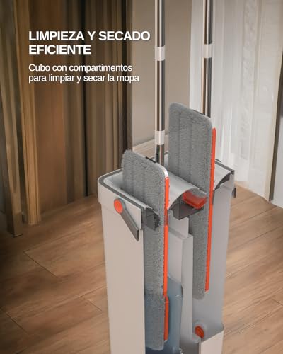 Mopa Cubo Escurridor Fregona Plana Compartimento con 6 Almohadillas Doble Escurridor para Limpieza Suelos Azulejos Tarima Madera Mango 155cm Atrapa Polvo Ventanas Mop Bucket Set Trapeador