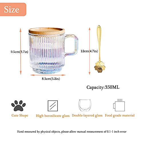 Yalucky Taza de Vidrio Transparente e Iridiscente con Tapa y Cuchara,Tazas de Té,Taza de Vidrio para Café,Bonita Taza para Leche,Café,Chocolate,Zumo y Agua para Mujeres y Hombres,Cumpleaños,Navidad