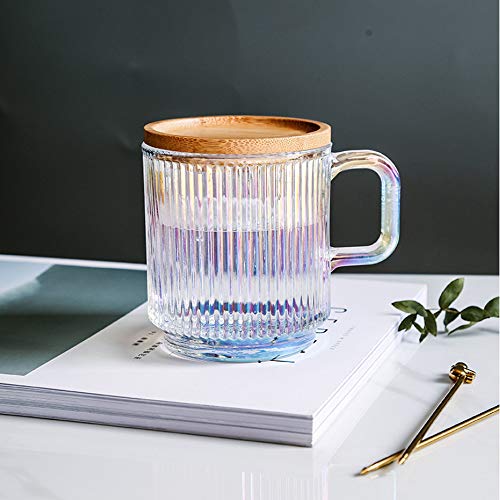 Yalucky Taza de Vidrio Transparente e Iridiscente con Tapa y Cuchara,Tazas de Té,Taza de Vidrio para Café,Bonita Taza para Leche,Café,Chocolate,Zumo y Agua para Mujeres y Hombres,Cumpleaños,Navidad