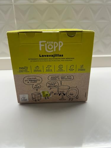 Flopp - Cápsulas Lavavajillas Ecológico | 110 Cápsulas con Envase Biodegradable | Etiqueta EU Ecolabel | Abrillantador con Protección del Cristal | Formula Vegana