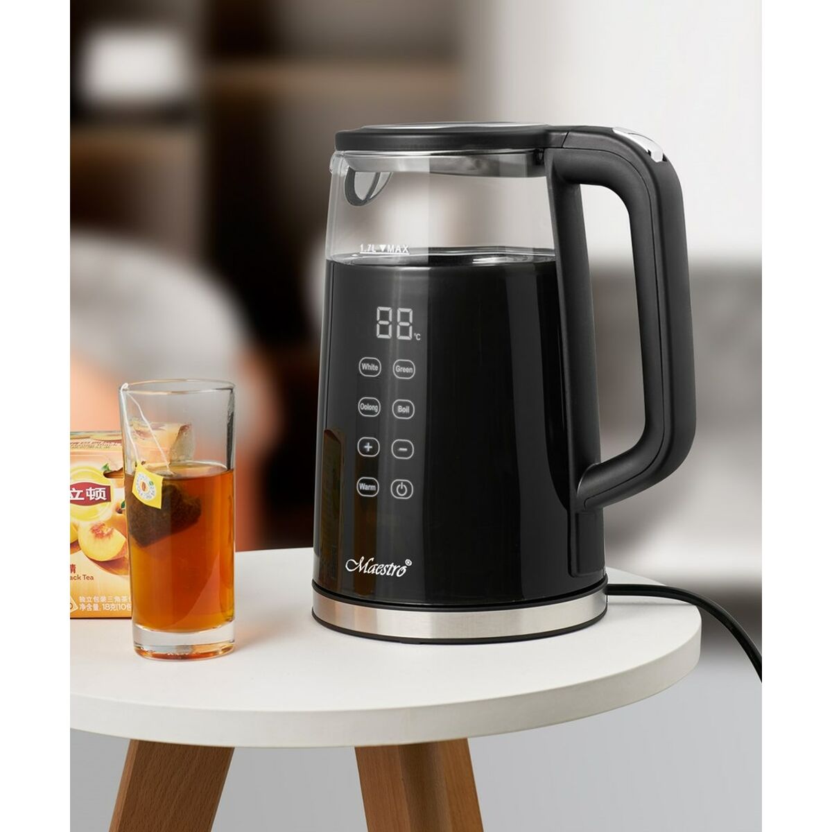 Feel Maestro MR-049 Black Transparent Crystal Borosilicate Glass Kettle 2200 W 1.7 L