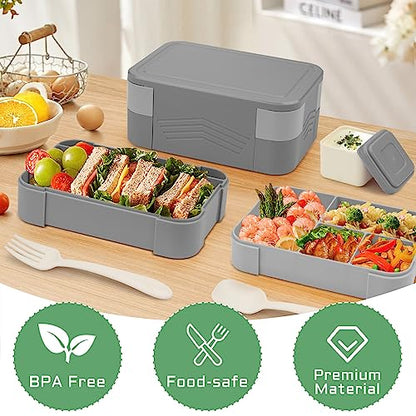 BIBURY Fiambrera, Fiambreras Infantiles Bento Box con 7 Compartimentos, Caja para Salsas y Cubiertos, Compartimentos para Microondas y Lavavajillas, para Escuela y Picnic (Gris)