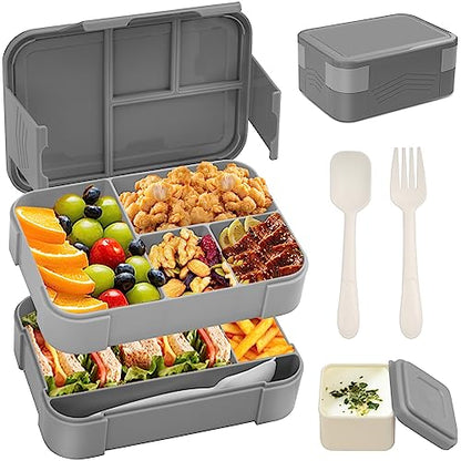 BIBURY Fiambrera, Fiambreras Infantiles Bento Box con 7 Compartimentos, Caja para Salsas y Cubiertos, Compartimentos para Microondas y Lavavajillas, para Escuela y Picnic (Gris)