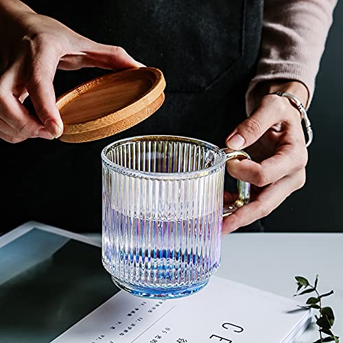 Yalucky Taza de Vidrio Transparente e Iridiscente con Tapa y Cuchara,Tazas de Té,Taza de Vidrio para Café,Bonita Taza para Leche,Café,Chocolate,Zumo y Agua para Mujeres y Hombres,Cumpleaños,Navidad