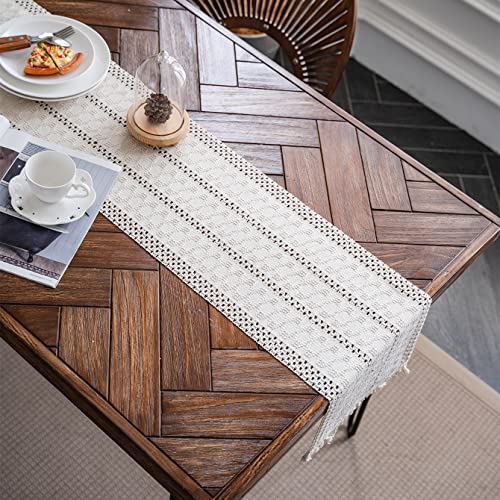 Weldomcor Camino de Mesa de Macramé Camino de Mesa Boho Beige Crema con Borlas, Camino de Mesa de Algodón Tejido a Mano, Camino de Mesa Rústico de Granja para Mesa de Comedor de Cocina (30x180cm)