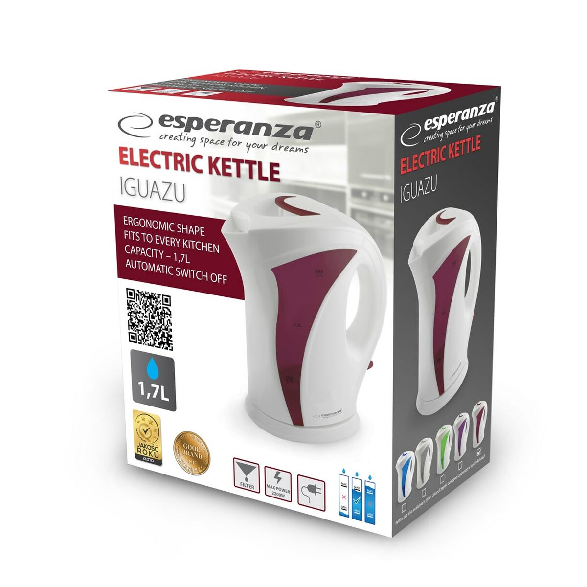 Esperanza Kettle EKK018R White Red Plastic 2200 W 1.7 L