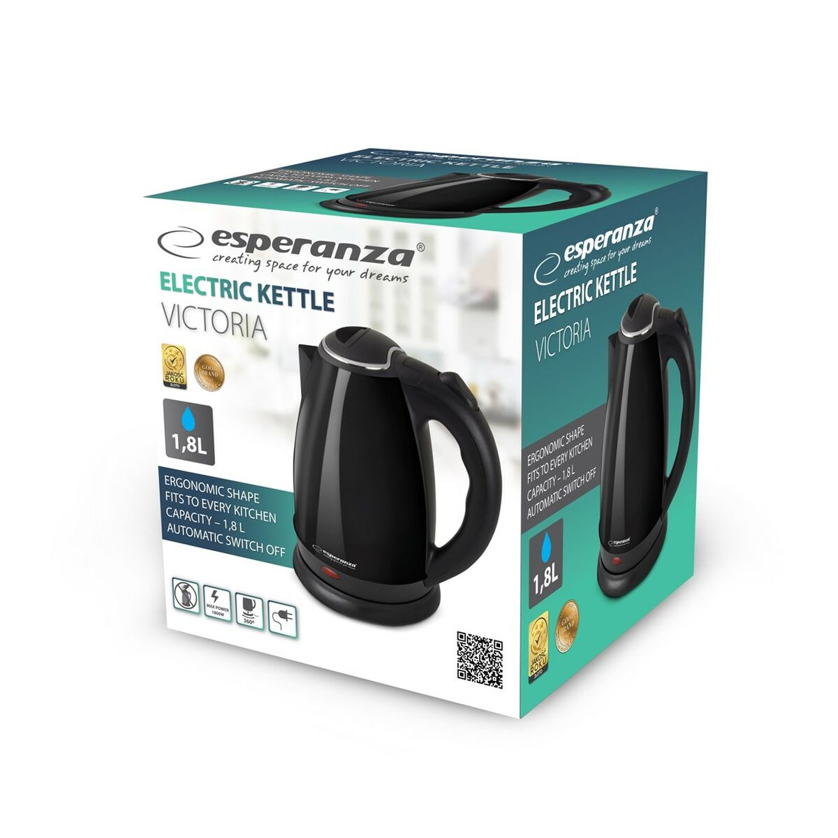 Esperanza EKK113K Kettle Black Stainless Steel Plastic 1800 W 1.8 L