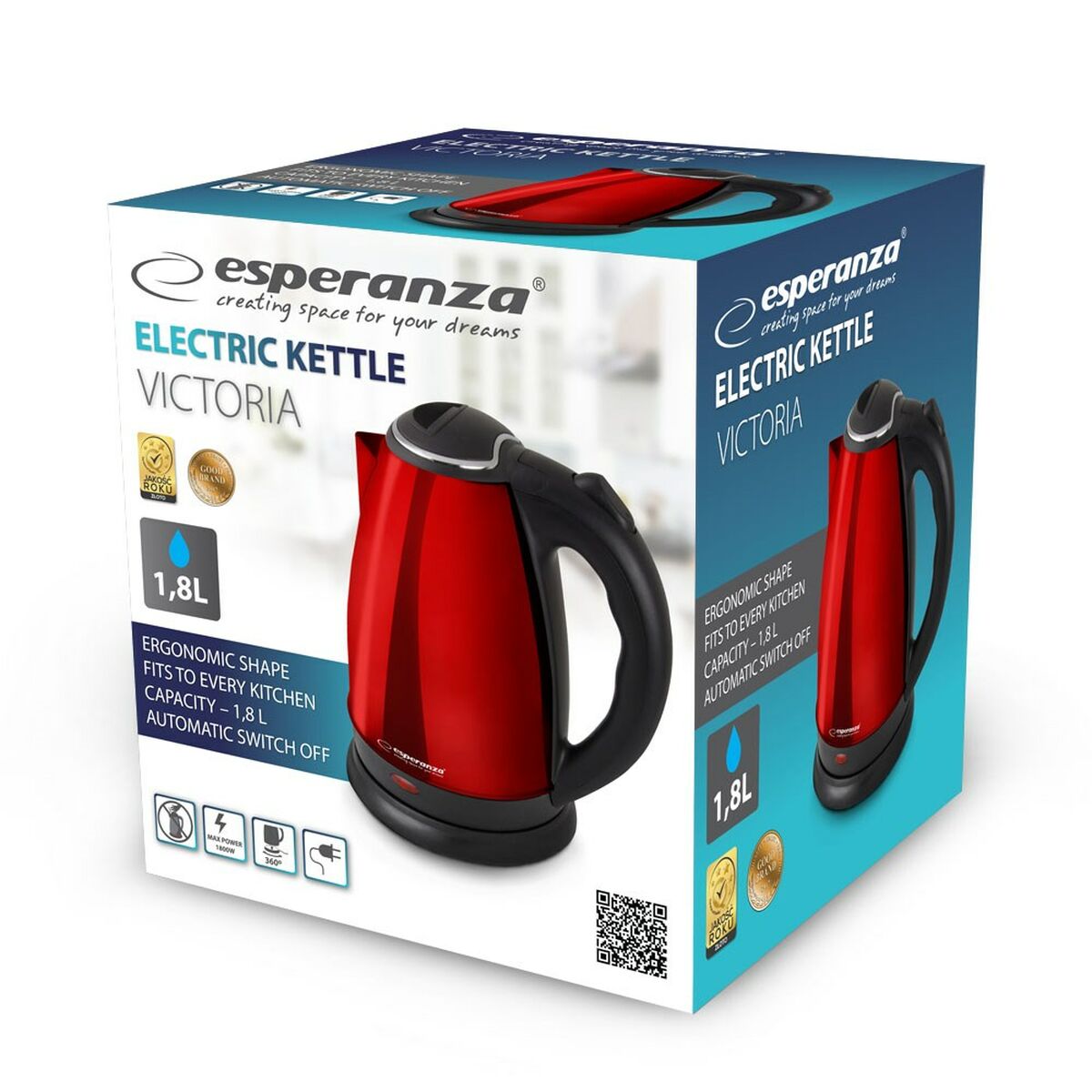 Esperanza Kettle EKK113R Black Red Stainless Steel Plastic 1800 W 1.8 L