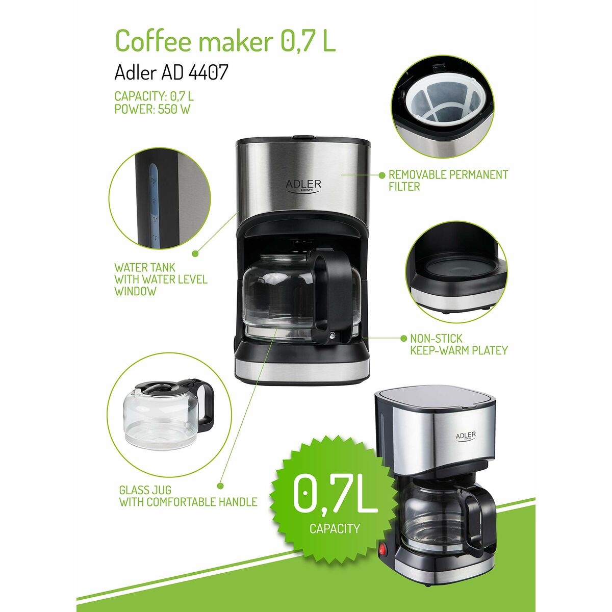 Adler AD 4407 550 W 700 ml Drip Coffee Maker