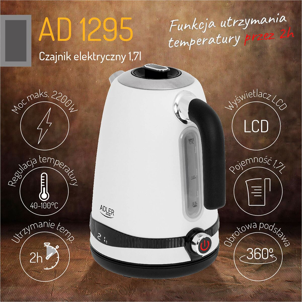 Adler White Kettle Stainless Steel 2200 W 1.7 L