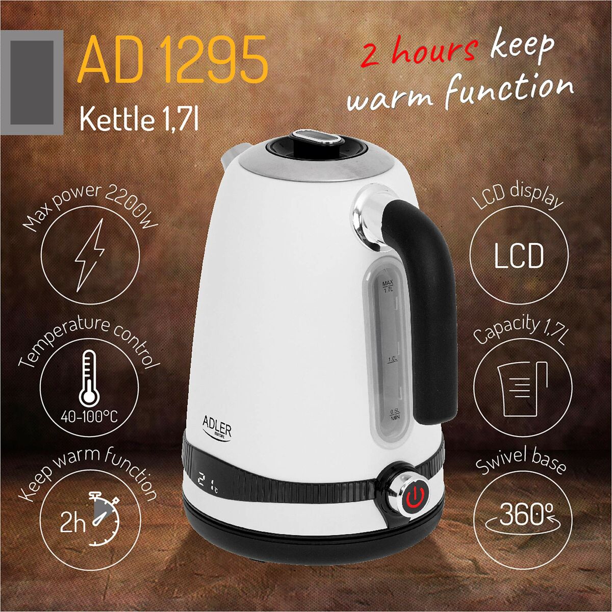 Adler White Kettle Stainless Steel 2200 W 1.7 L