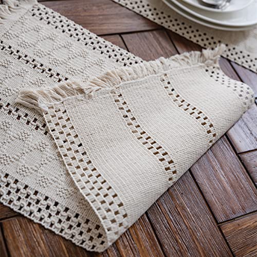 Weldomcor Camino de Mesa de Macramé Camino de Mesa Boho Beige Crema con Borlas, Camino de Mesa de Algodón Tejido a Mano, Camino de Mesa Rústico de Granja para Mesa de Comedor de Cocina (30x180cm)