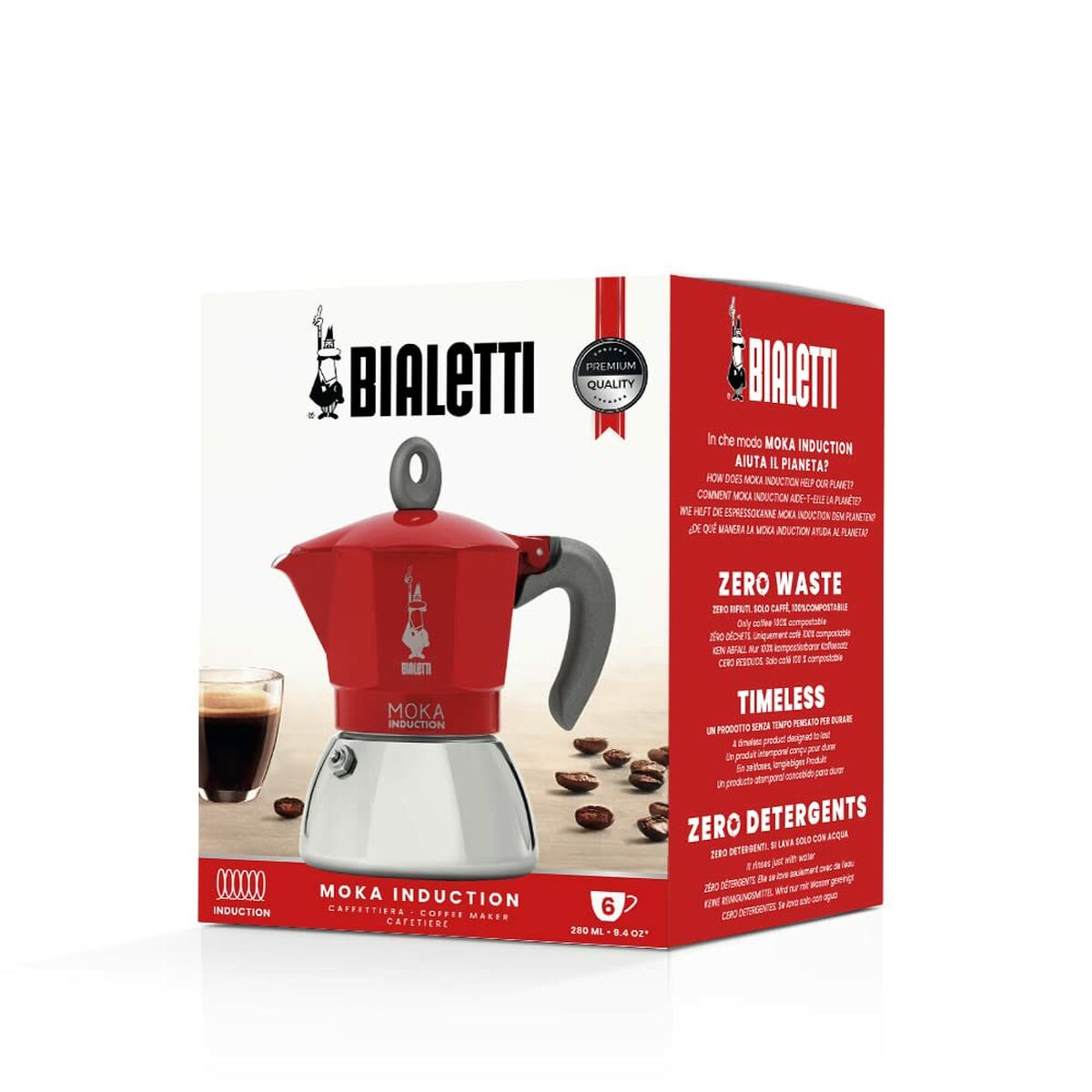 Bialetti Moka Induction Italian Coffee Maker Black Red Metal Stainless Steel Aluminum 300 ml 6 Cups