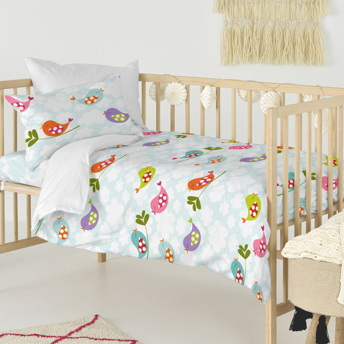 HappyFriday Mr Fox Little birds Multicolor Baby Crib Duvet Cover Set 2 Pieces