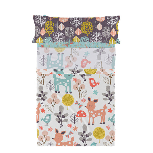 Juego de Sábanas HappyFriday Moshi Moshi Woodland Multicolor Cama de 80/90 2 Piezas