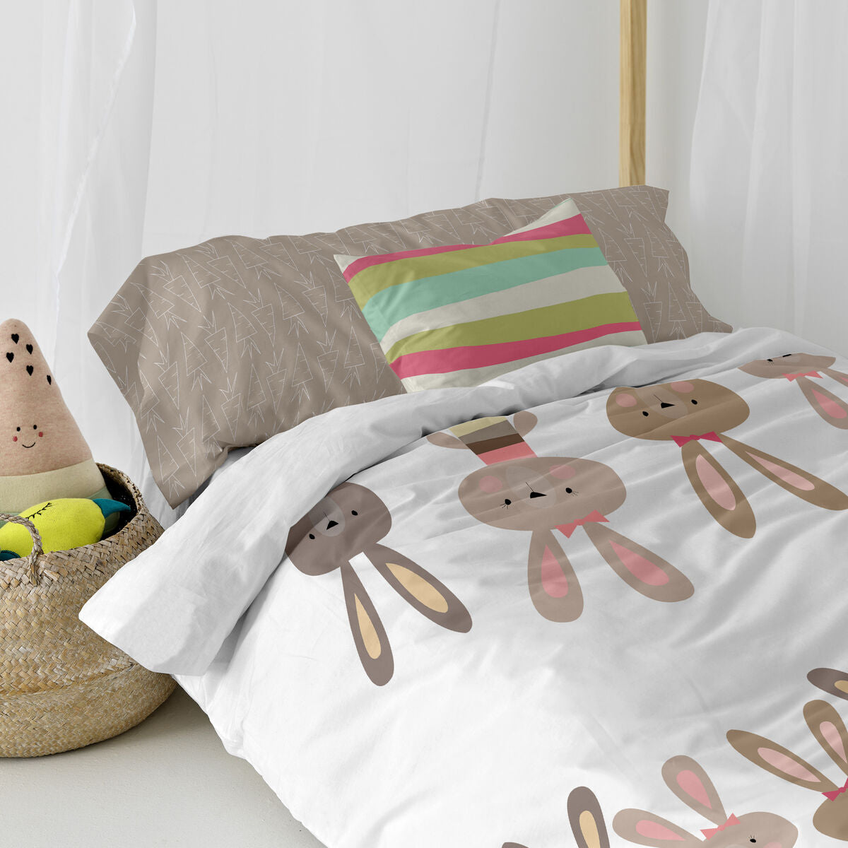 Juego de funda nórdica HappyFriday Moshi Moshi Rabbit Family Multicolor Cama de 80/90 2 Piezas