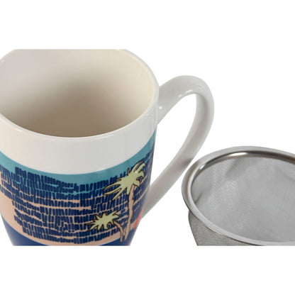 Taza con Filtro para Infusiones Home ESPRIT Azul Verde Acero Inoxidable Porcelana Tropical 380 ml (3 Unidades)