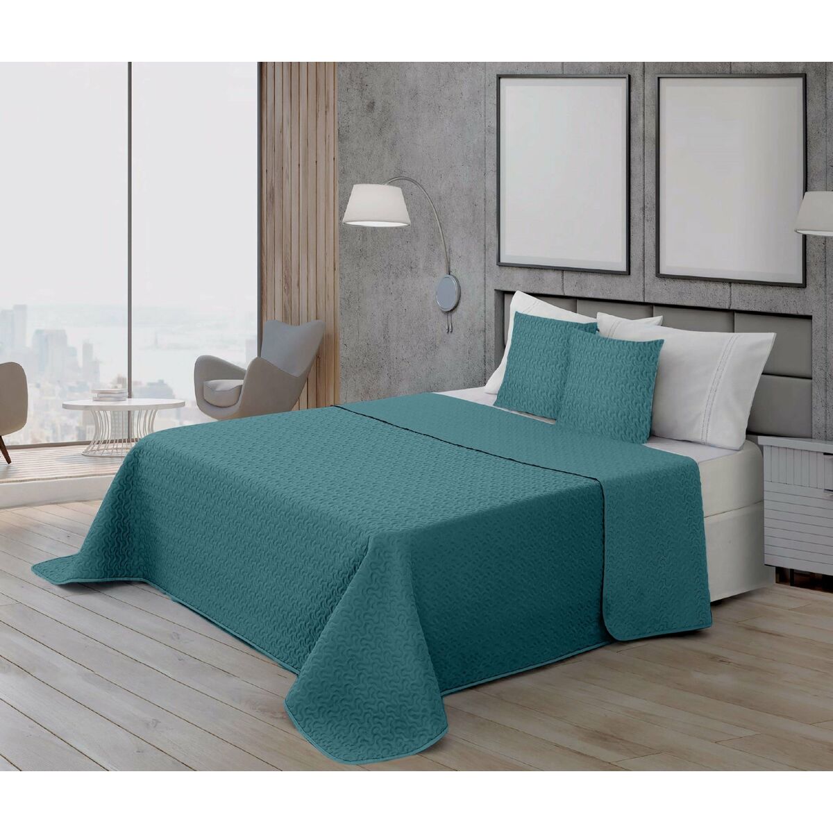 Plain Colored Quilt Petrol Green 250 x 3 x 270 cm