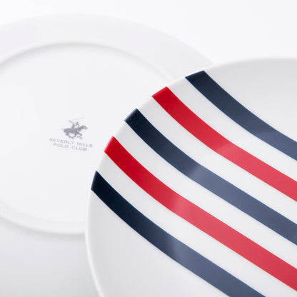 Beverly Hills Polo Club Blue Red Striped Porcelain 12 Piece Dinnerware Set