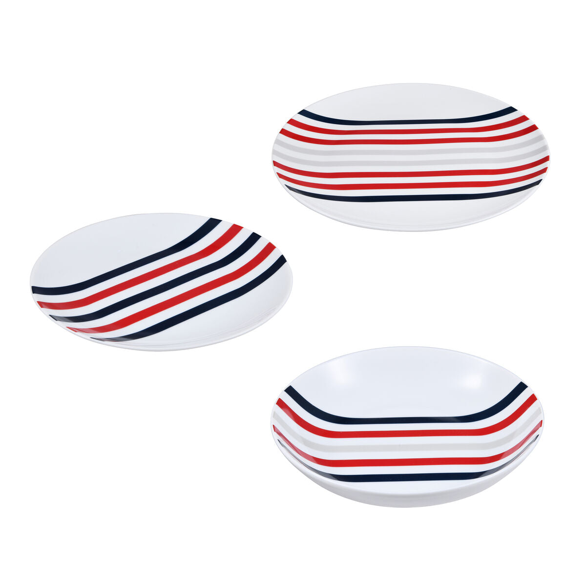 Beverly Hills Polo Club Blue Red Striped Porcelain 12 Piece Dinnerware Set