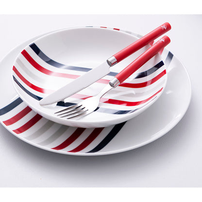 Beverly Hills Polo Club Blue Red Striped Porcelain 12 Piece Dinnerware Set