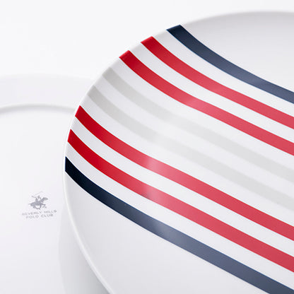 Beverly Hills Polo Club Blue Red Striped Porcelain 12 Piece Dinnerware Set