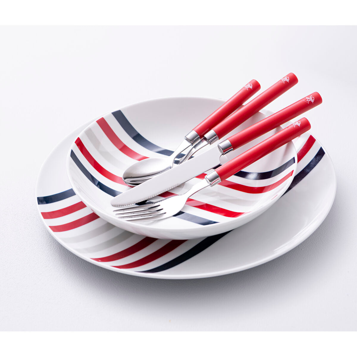 Beverly Hills Polo Club Blue Red Striped Porcelain 12 Piece Dinnerware Set