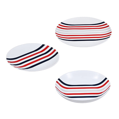 Beverly Hills Polo Club Blue Red Striped Porcelain 12 Piece Dinnerware Set