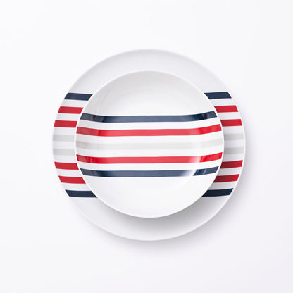 Beverly Hills Polo Club Blue Red Striped Porcelain 12 Piece Dinnerware Set