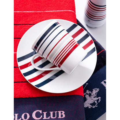 Beverly Hills Polo Club Blue Red Striped Porcelain 12 Piece Dinnerware Set