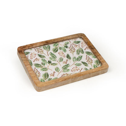 Romimex Snack Tray White Green Mango Wood Rectangular Leaves 20 x 2 x 16 cm