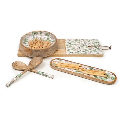 Romimex Cutting Board White Green Mango Wood Leaves 56 x 2 x 19 cm