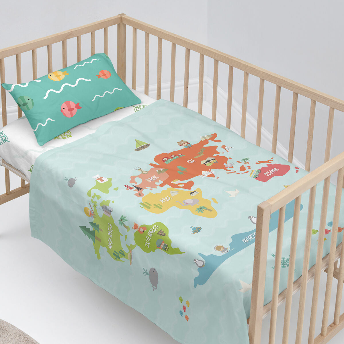 HappyFriday Happynois World Map Multicolor Baby Crib Sheet Set 2 Pieces