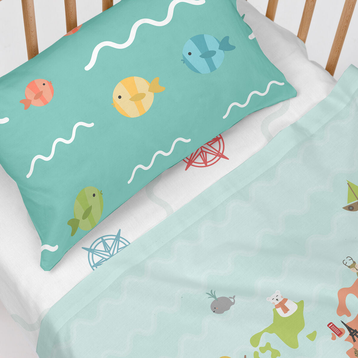 HappyFriday Happynois World Map Multicolor Baby Crib Sheet Set 2 Pieces