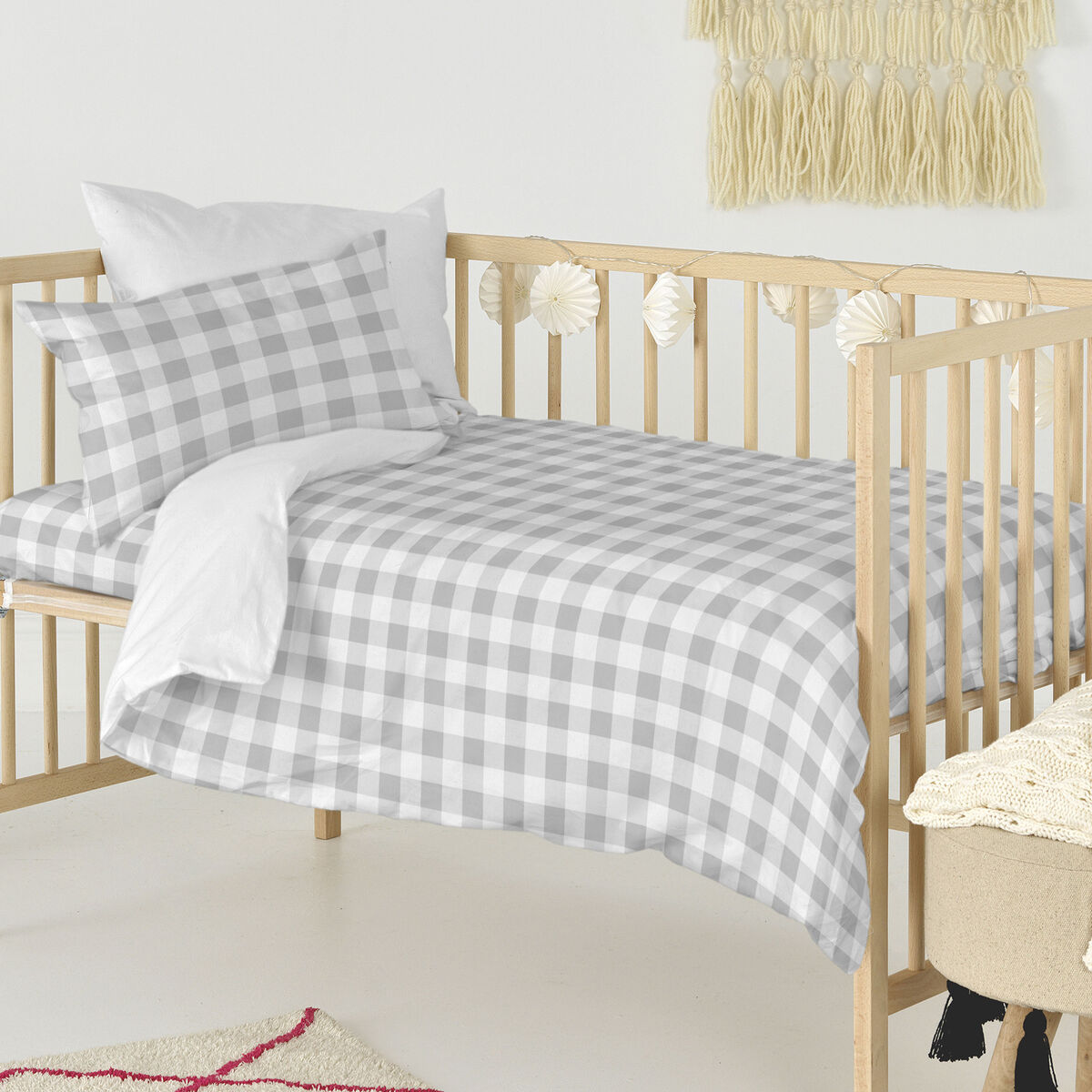 HappyFriday Basic Kids Grey Gingham Baby Crib Duvet Cover Set 2 Pieces