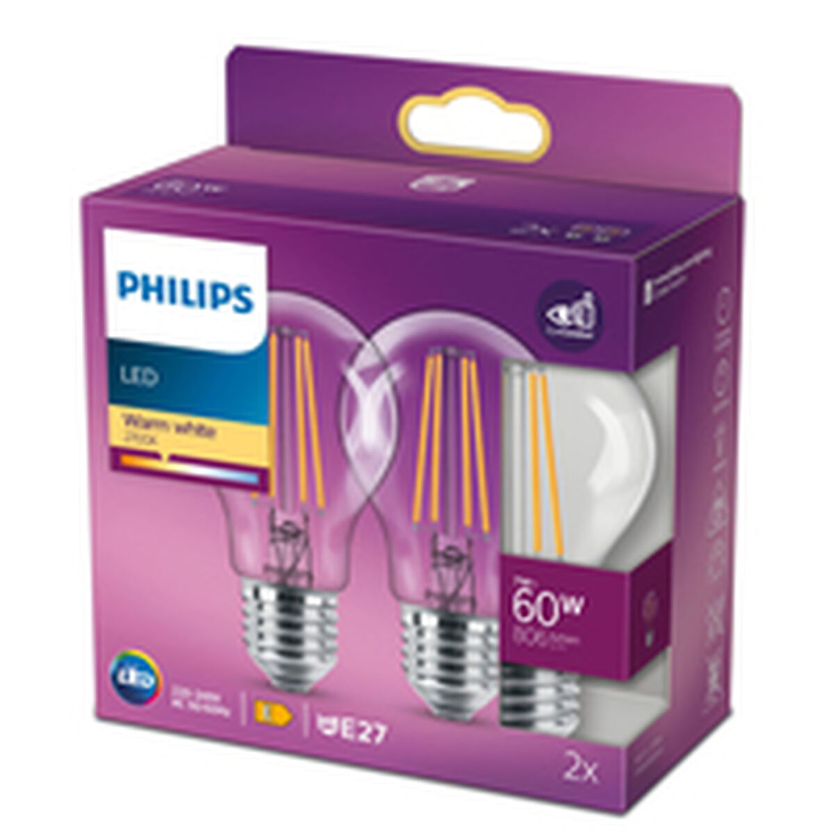 Philips Classic LED Bulb 60 W White E E27 (2700 K) (2 Units)