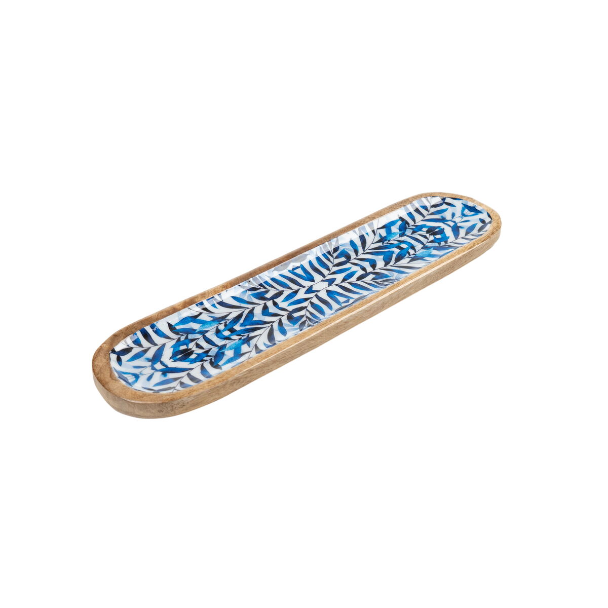 Romimex Blue White Oval Mango Wood Snack Tray 40 x 2 x 10 cm