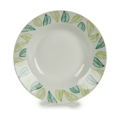 Deep Plate White Green Ø 20.6 cm Leaves Porcelain (10 Units)