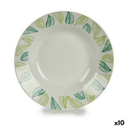 Plato Hondo Blanco Verde Ø 20,6 cm Hojas Porcelana (10 Unidades)