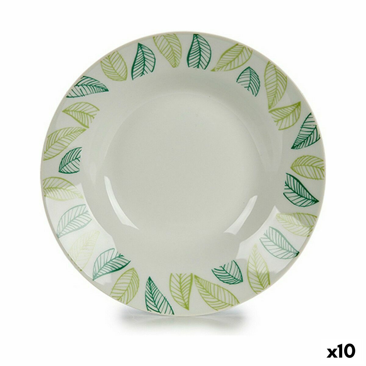 Deep Plate White Green Ø 20.6 cm Leaves Porcelain (10 Units)