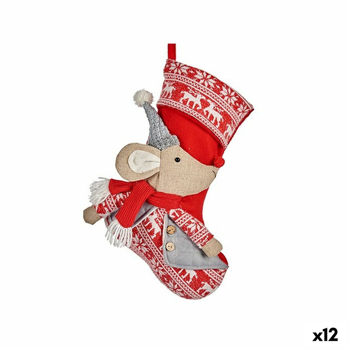 Adorno Navideño Calcetín de Navidad Ratón Gris Poliéster 31 x 5 x 48 cm (12 Unidades)