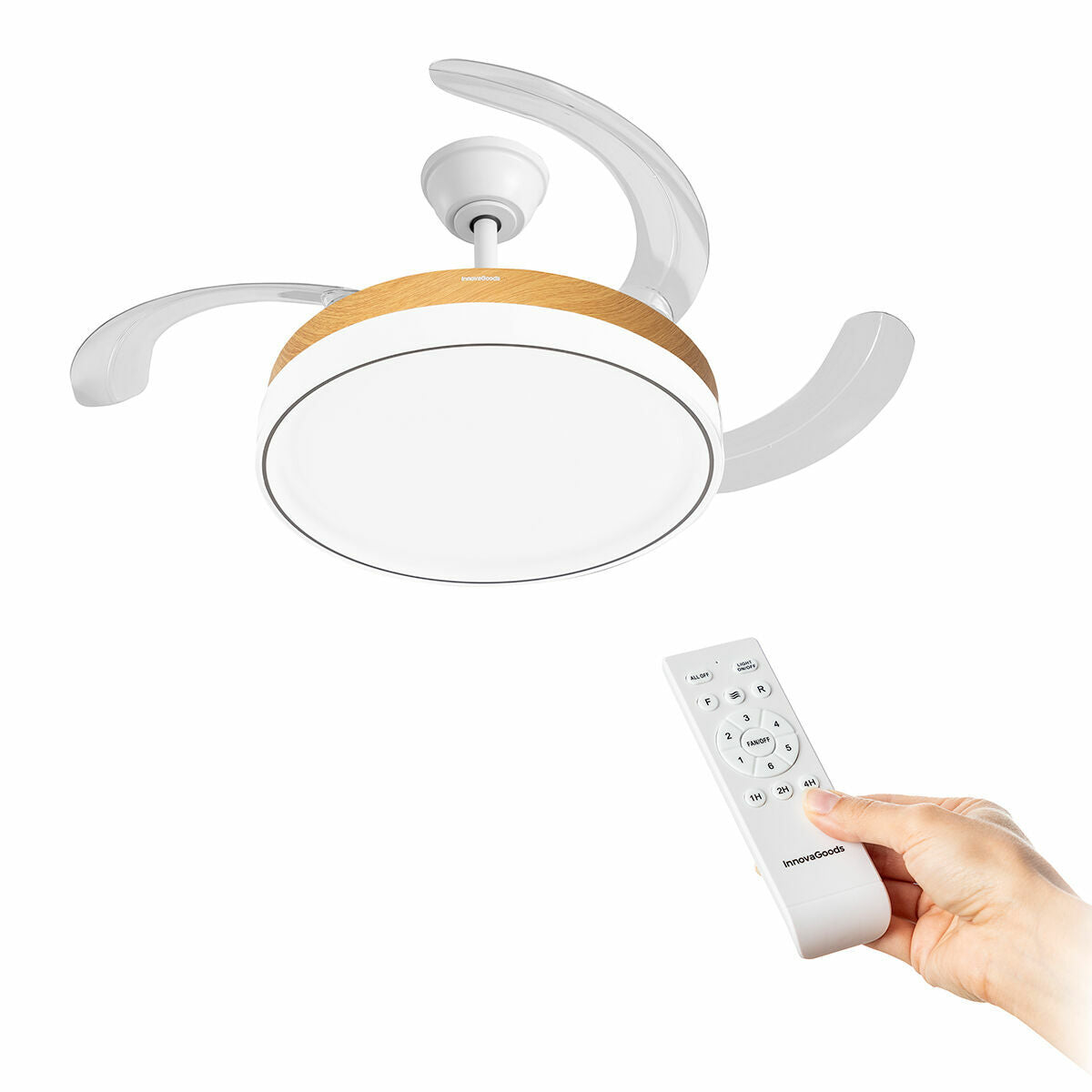 Ceiling Fan with LED Light and 4 Retractable Blades Blalefan InnovaGoods Wood 72 W Ø49.5-104 cm